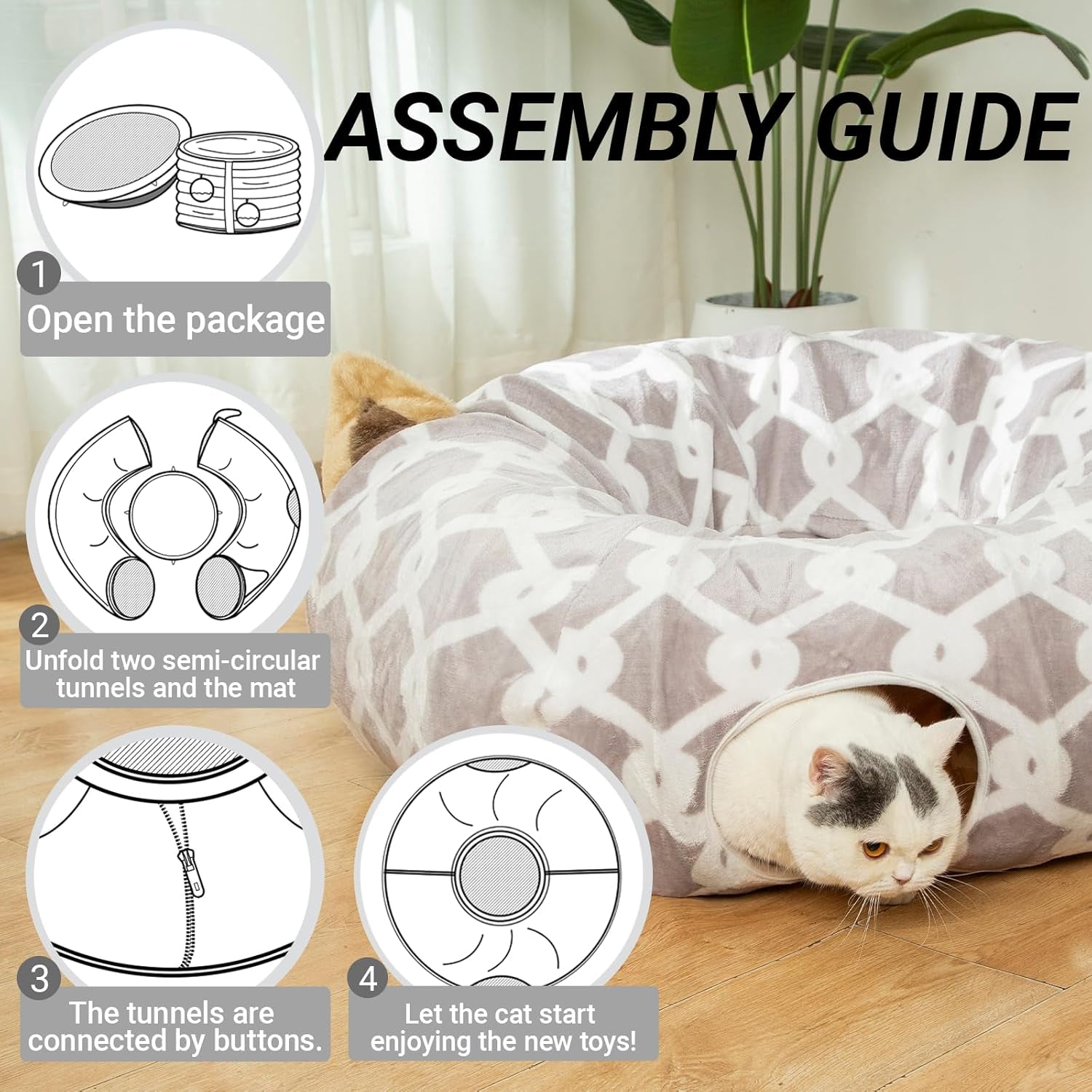 Large Cat Tunnel Bed under Christmas Tree with Fluffy Toy Balls, Small Cushion and Flexible Design- 10 Inch Diameter, 3 Ft Length- Great for Cats, and Small Dogs, Gray Geometric Figure