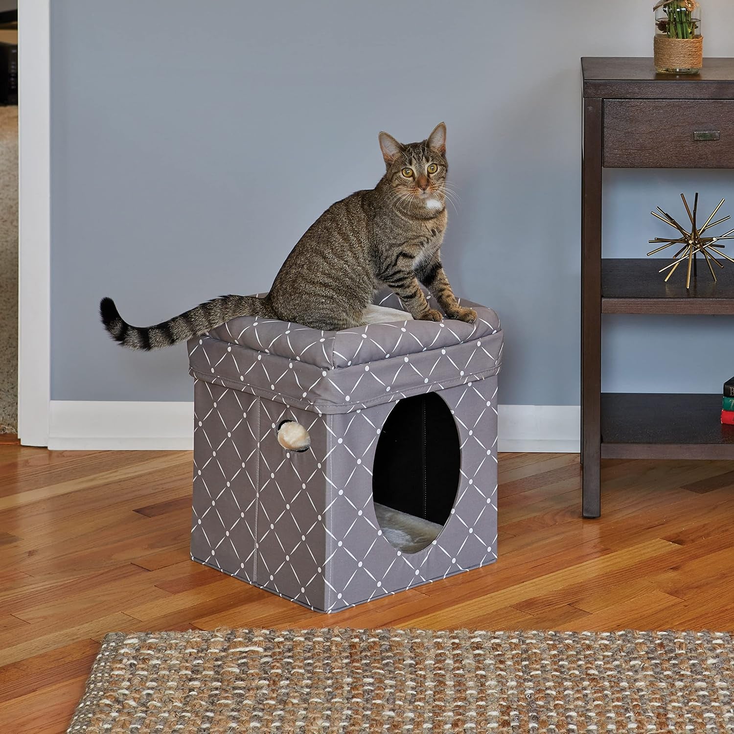 Feline Nuvo Curious Cat Cube, Foldable Cat Hideout with Toy, Bolstered Bed Top, Mushroom Diamond, Faux Fur